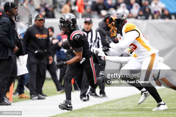 Joe Horn of the New York Guardians runs against the Los Angeles Wildcats during the first half of their XFL game at MetLife Stadium on February 29,...