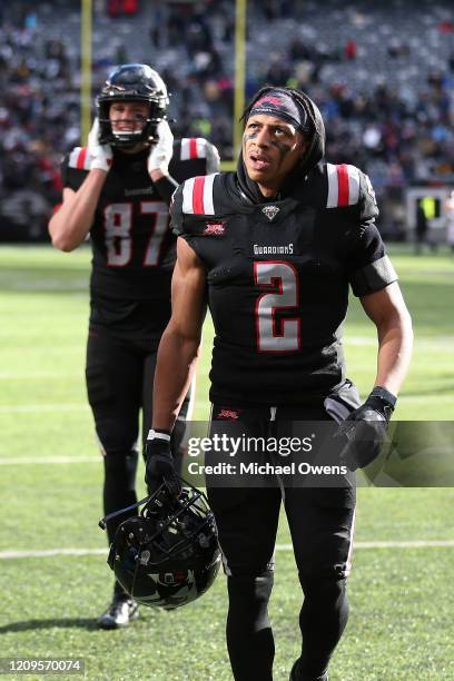 Joe Horn of the New York Guardians heads to the locker for halftime just after the first half of their XFL game against the Los Angeles Wildcats at...