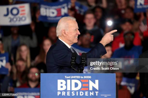 Democratic presidential candidate former Vice President Joe Biden speaks at his primary night event at the University of South Carolina on February...