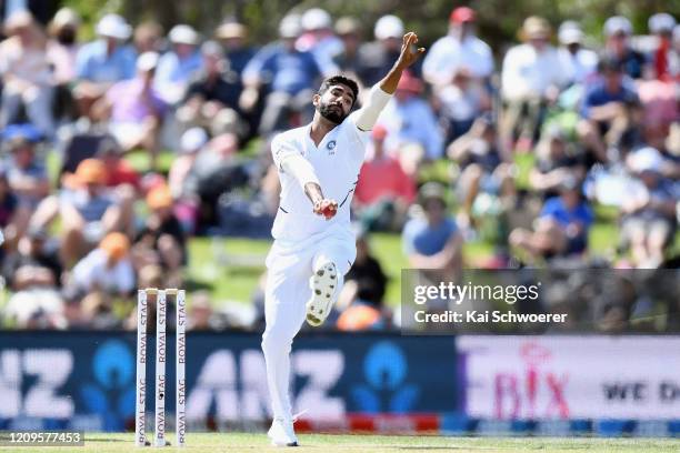 Jasprit Bumrah of India bowls during day two of the Second Test match between New Zealand and India at Hagley Oval on March 01, 2020 in Christchurch,...