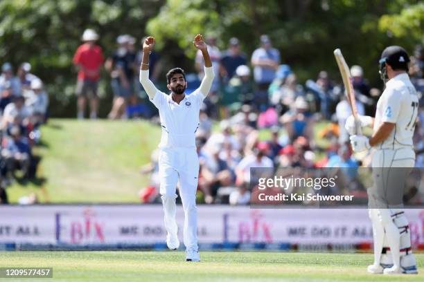 Jasprit Bumrah of India reacts during day two of the Second Test match between New Zealand and India at Hagley Oval on March 01, 2020 in...