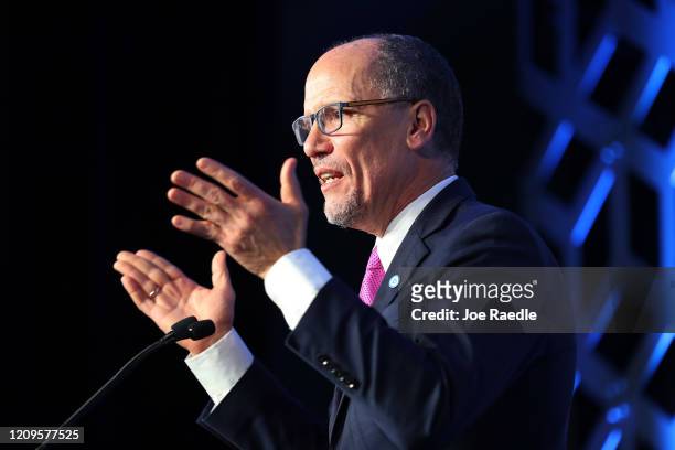 Tom Perez, Democratic National Committee chairman, speaks during the Blue NC Celebration Dinner held at the Hilton Charlotte University Place on...