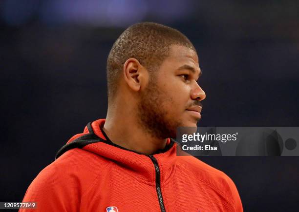 Cristiano Felicio of the Chicago Bulls warms up before the game against the New York Knicks at Madison Square Garden on February 29, 2020 in New York...