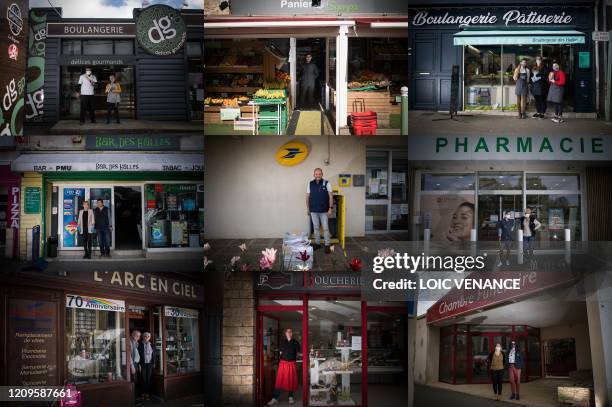 Combination of pictures created on April 10, 2020 shows French bakers David and Muriel posing in front of the bakery they work in, in Savenay,...