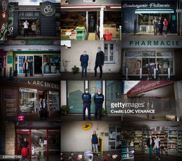Combination of pictures created on April 10, 2020 shows French bakers David and Muriel posing in front of the bakery they work in, in Savenay,...
