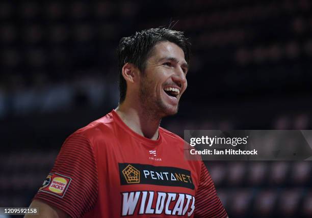 Damian Martin of the Wildcats warms up before the start of game two of the NBL Semi Final series between the Cairns Taipans and the Perth Wildcats at...