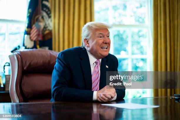 President Donald Trump speaks during a Easter blessing in the Oval Office of the White House on April 10, 2020 in Washington, DC.The Trump...