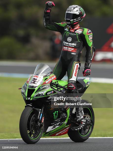 Alex Lowes of Great Britain and rider of the Kawasaki Racing Team WorldSBK Kawasaki celebrates after winning race two of round one of the 2020...