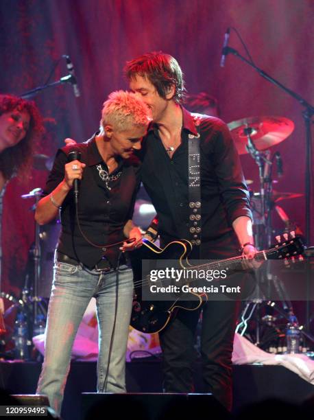 Marie Fredriksson reunites with Roxette member Per Gessle at Melkweg on May 6, 2009 in Amsterdam, Netherlands.