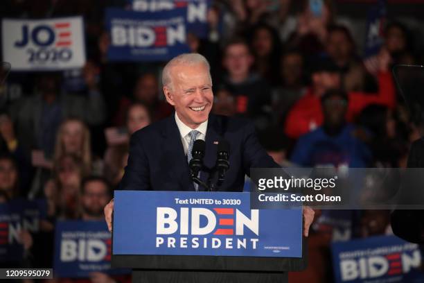 Democratic presidential candidate former Vice President Joe Biden celebrates with his supporters after declaring victory at an election-night rally...