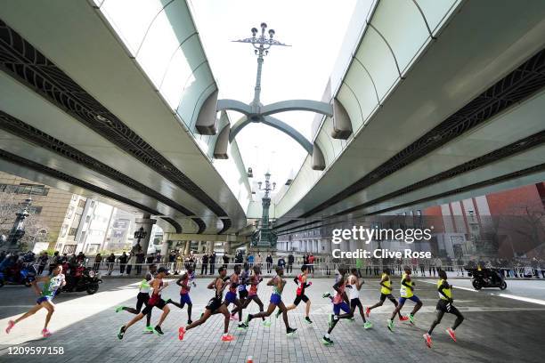 The Men's Elite group including Suguru Osako of Japan and eventual winner Birhanu Legese of Ethiopia during the Tokyo Marathon on March 01, 2020 in...