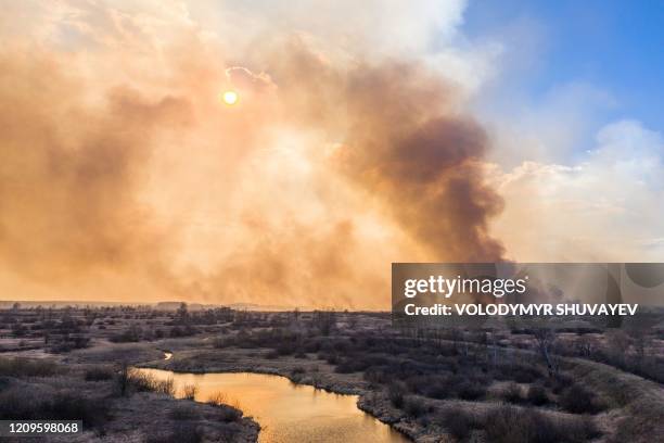 This picture taken on April 10 shows a forest fire burning at a 30-kilometer Chernobyl exclusion zone in Ukraine, not far from the nuclear power...