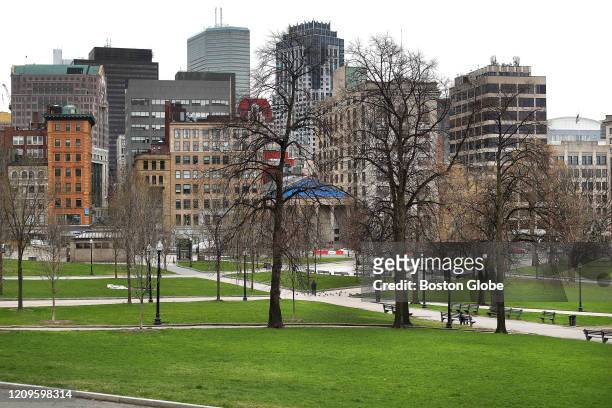 The Boston Common is nearly empty on April 8, 2020 during the coronavirus pandemic.