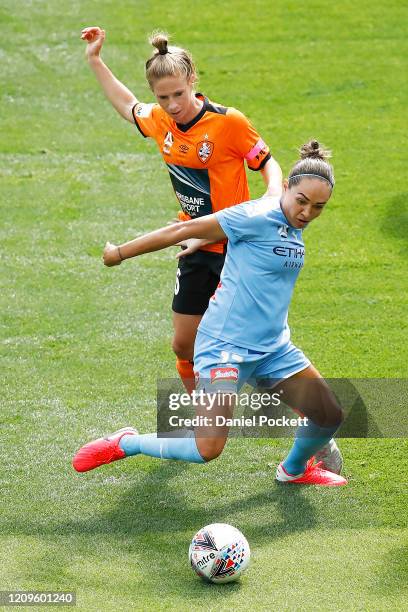 Kyah Simon of Melbourne City and Elise Kellond-Knight of Brisbane Roar contest the ball during the round 14 W-League match between Melbourne City and...