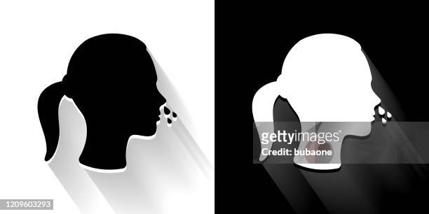 runny nose  black and white icon with long shadow - woman blowing nose stock illustrations