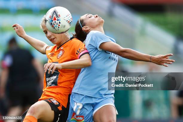 Kyah Simon of Melbourne City and Jamilla Rankin of Brisbane Roar contest the ball during the round 14 W-League match between Melbourne City and the...