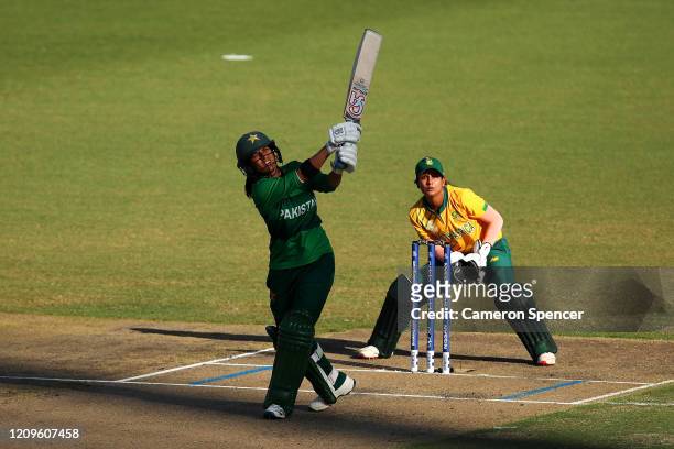Iram Javed of Pakistan bats during the ICC Women's T20 Cricket World Cup match between South Africa and Pakistan at Sydney Showground Stadium on...