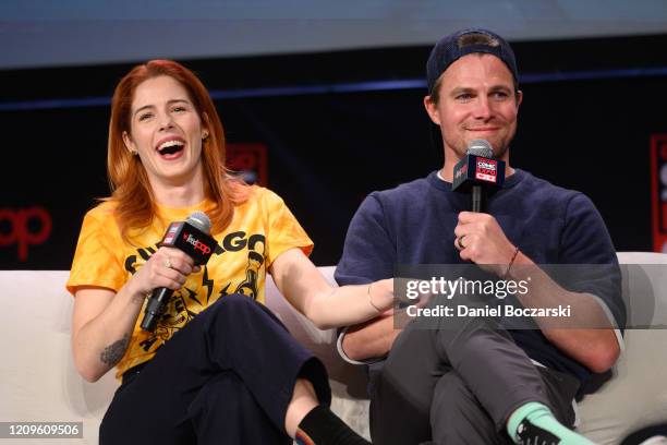 Emily Bett Rickards and Stephen Amell attend C2E2 Chicago Comic & Entertainment Expo at McCormick Place on February 29, 2020 in Chicago, Illinois.