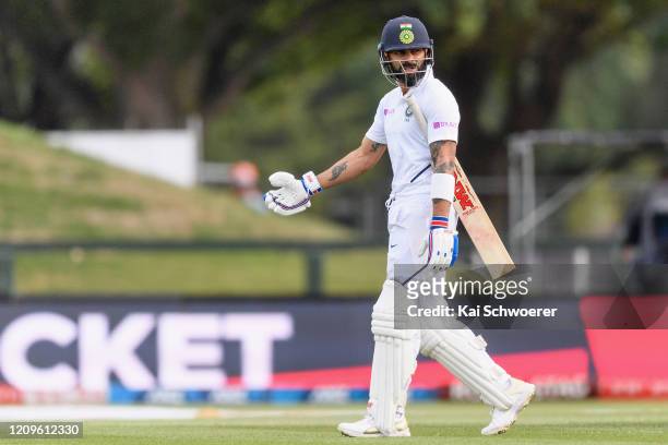 Virat Kohli of India looks dejected after being dismissed by Colin de Grandhomme of New Zealand during day two of the Second Test match between New...