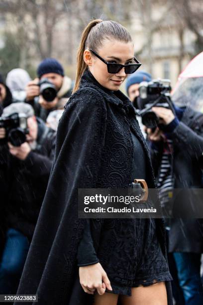 Model Lorena Rae is seen outside Elie Saab fashion show on February 29, 2020 in Paris, France.