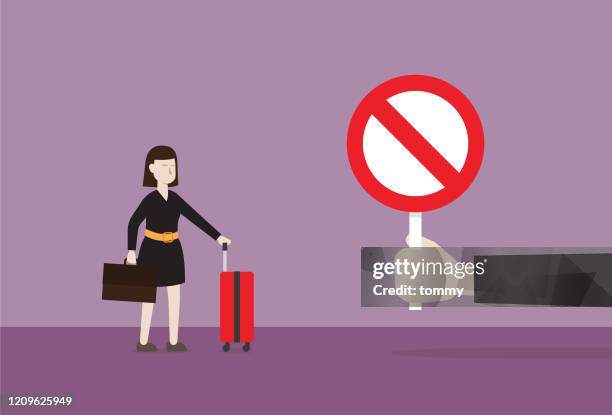 businesswoman and luggage do not allow a trip - keep out sign stock illustrations