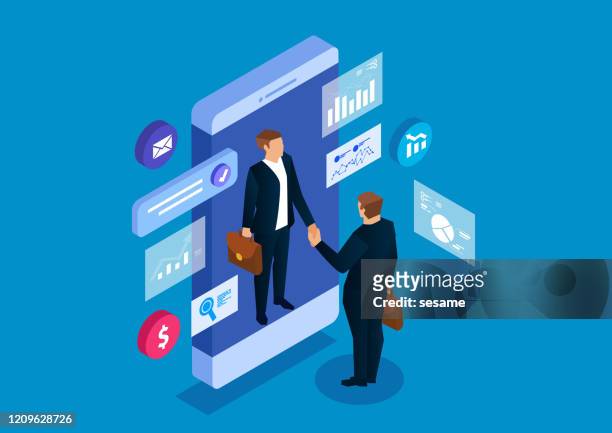 shake hands with businessman in smart phone, business cooperation and communication - trust stock illustrations