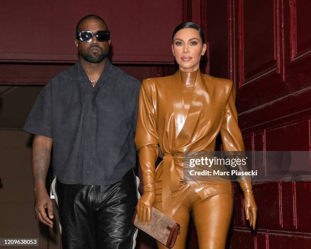 Kim Kardashian West and husband Kanye West leave K.West's Sunday Service At Theatre Des Bouffes Du Nord - Paris Fashion Week Womenswear Fall/Winter...