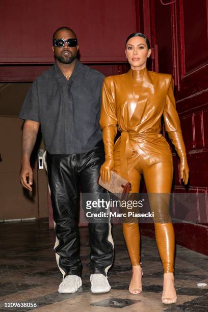 Kim Kardashian West and husband Kanye West leave K.West's Sunday Service At Theatre Des Bouffes Du Nord - Paris Fashion Week Womenswear Fall/Winter...