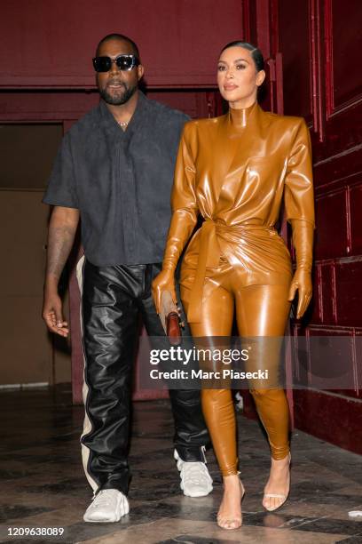 Kim Kardashian West and husband Kanye West leave K.West's Sunday Service At Theatre Des Bouffes Du Nord - Paris Fashion Week Womenswear Fall/Winter...