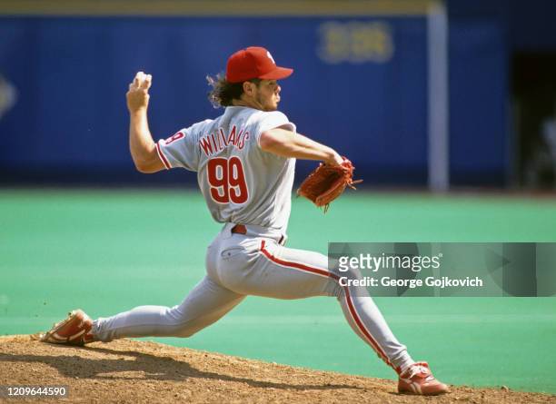 Relief pitcher Mitch Williams of the Philadelphia Phillies pitches against the Pittsburgh Pirates during a Major League Baseball game at Three Rivers...