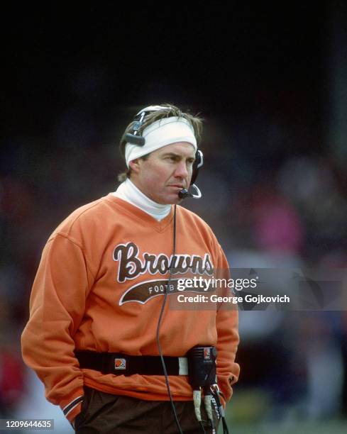 Head coach Bill Belichick of the Cleveland Browns looks on from the sideline during a game against the Denver Broncos at Cleveland Municipal Stadium...