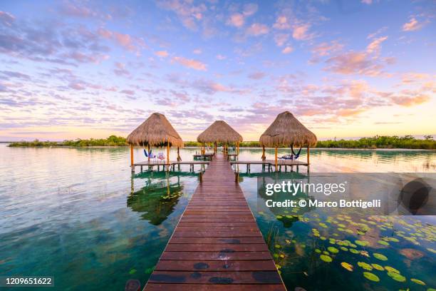 tropical pier at sunset, mexico - bungalow stock pictures, royalty-free photos & images