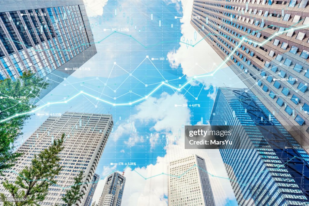 投資テーマの背景と株式市場チャートを持つ都内景観東京