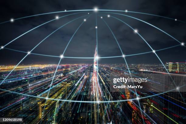 wireless communication network concept. iot(internet of things). ict(information communication technology)ial charts in sky on city background. business information concept - market risk stock pictures, royalty-free photos & images