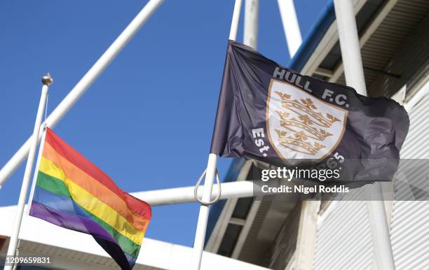 Rainbow Pride flags are seen outside the stadium prior to the Betfred Super League match between Hull FC and Catalan Dragons at KCOM Stadium on March...