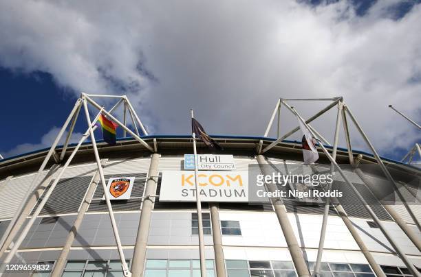 Rainbow Pride flags are seen outside the stadium prior to the Betfred Super League match between Hull FC and Catalan Dragons at KCOM Stadium on March...