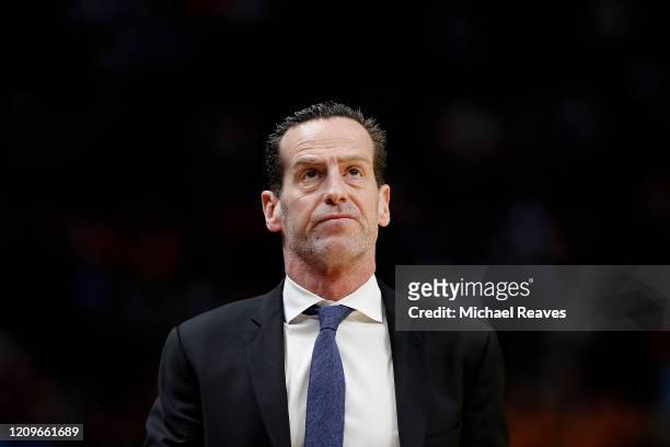Head coach Kenny Atkinson of the Brooklyn Nets reacts against the Miami Heat during the second half at American Airlines Arena on February 29, 2020...