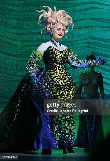 Actress Sherie Rene Scott takes a bow during the curtain call at the debut of the Broadway Play "The Little Mermaid" at the Lunt-Fontanne Theater on...