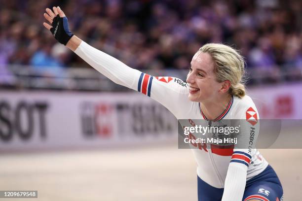 Elinor Barker of Great Britain celebrates after winning Women's Points Race during day 5 of the UCI Track Cycling World Championships Berlin at...
