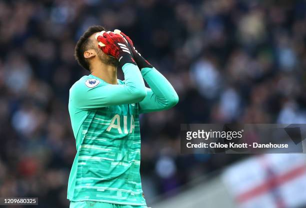 Paulo Gazzaniga of Tottenham Hotspur reacts during the Premier League match between Tottenham Hotspur and Wolverhampton Wanderers at Tottenham...