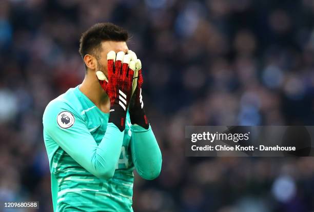 Paulo Gazzaniga of Tottenham Hotspur reacts during the Premier League match between Tottenham Hotspur and Wolverhampton Wanderers at Tottenham...