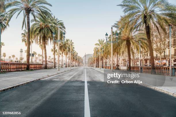de zonsopgang van barcelona bij de straat - empty street stockfoto's en -beelden