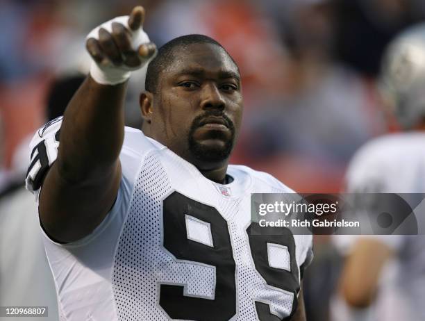 Oakland Raiders defensive tackle Warren Sapp. The Denver Broncos defeated the Oakland Raiders by a score of 13 to 3 at Invesco Field at Mile High,...