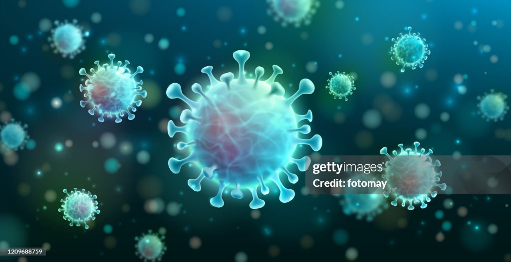 冠狀病毒載體 2019-nCoV 和病毒背景與疾病細胞.COVID-19 柯洛納病毒突破大流行性醫療健康風險概念。向量插圖 eps 10