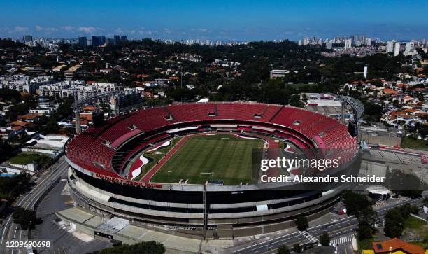 An aerial view of empty Morumbi Stadium on April 11, 2020 in Sao Paulo, Brazil. According to the Ministry of health, as today, Brazil has 19,638...