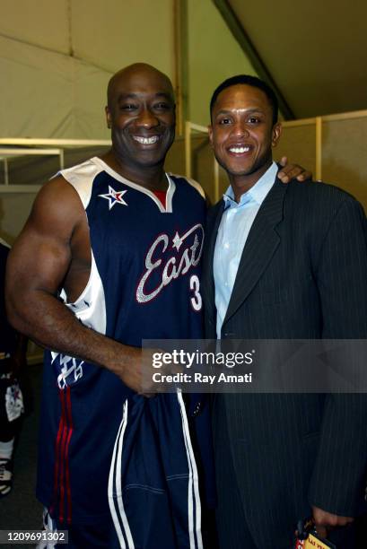 Actor Michael Clarke Duncan and former NBA player B.J. Armstrong poses for a photo before the McDonald's NBA All-Star Celebrity Game Presented by 2K...