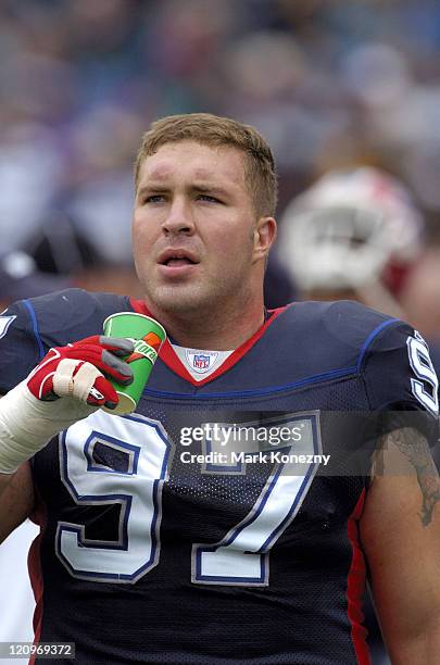 Buffalo Bills defensive lineman Justin Bannan on the sideline during a game against against the Miami Dolphins at Ralph Wilson Stadium in Orchard...