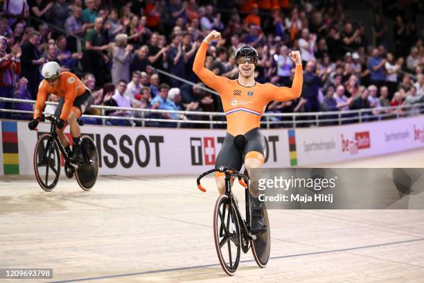 Harrie Lavreysen of The Netherlands celebrates after winning Men's Sprint Final during day 5 of the UCI Track Cycling World Championships Berlin at...