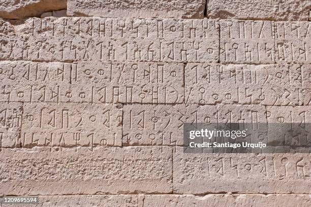 minaean inscriptions on the city wall of baraqish - baraqish stock-fotos und bilder