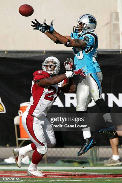 Carolina Panthers wide receiver Steve Smith jumps to make a touchdown catch during a game against the Arizona Cardinals at Sun Devil Stadium in...